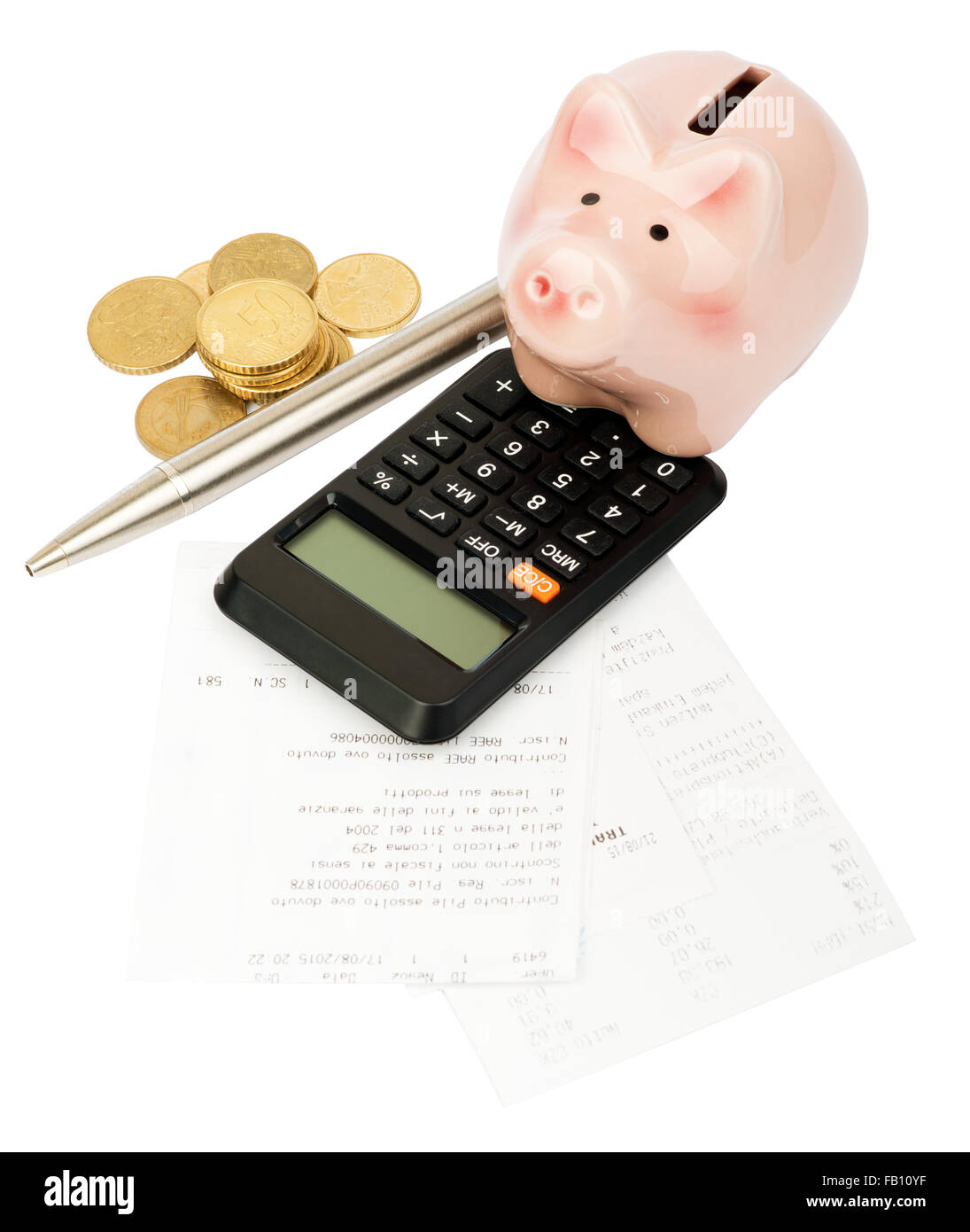 Piggy bank with calculator and coins Stock Photo - Alamy