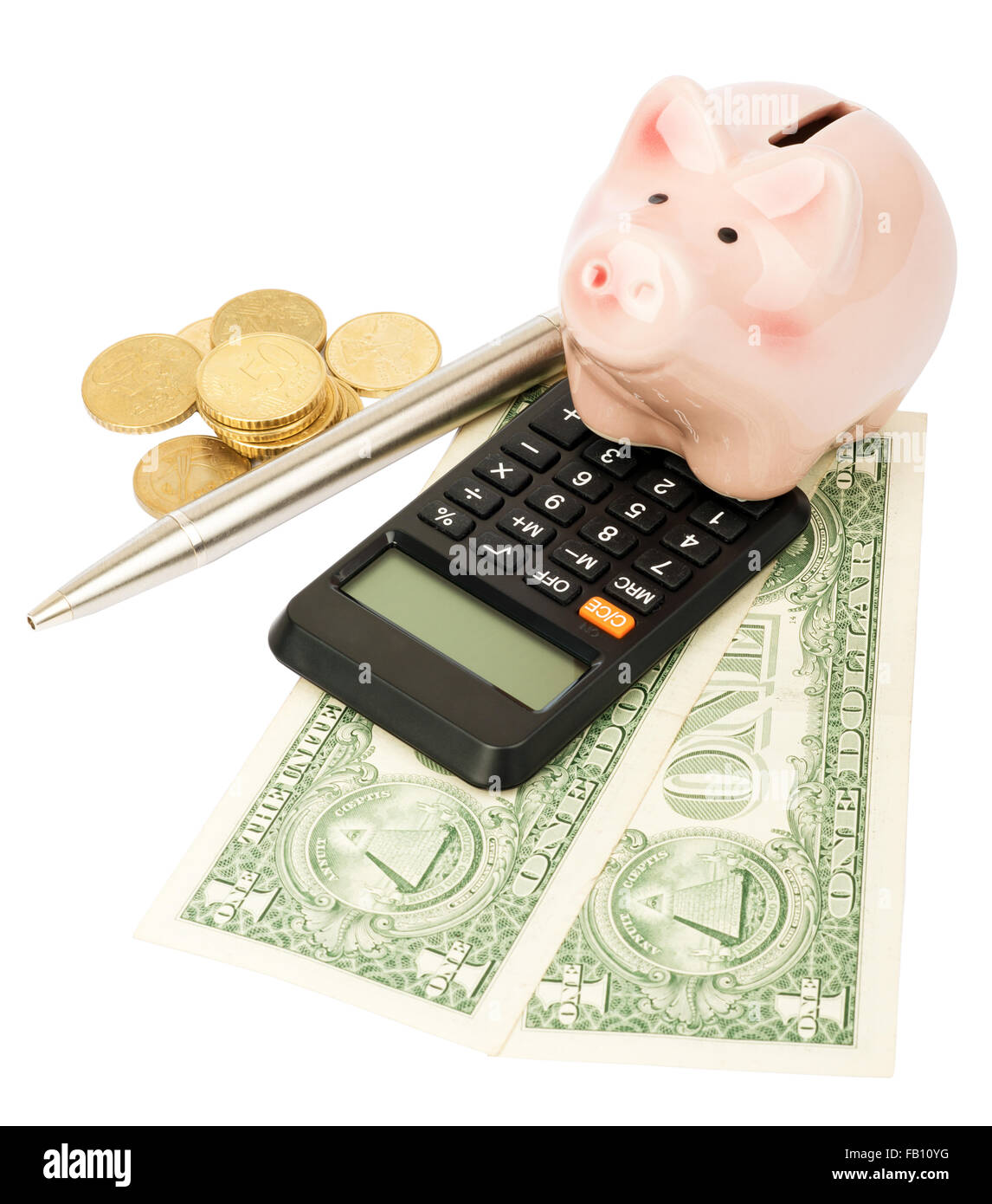 Piggy bank with calculator and dollars Stock Photo - Alamy