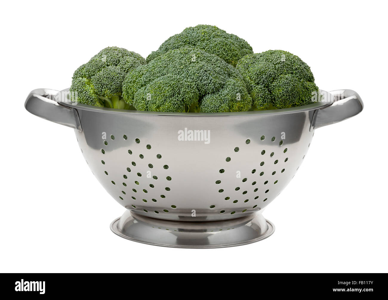Fresh Broccoli in a Stainless Steel Colander Stock Photo