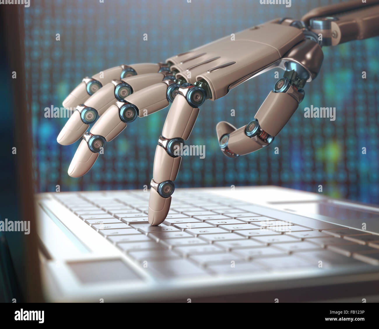 Robotic hand, accessing on laptop, the virtual world of information. Concept of artificial intelligence and replacement of human Stock Photo