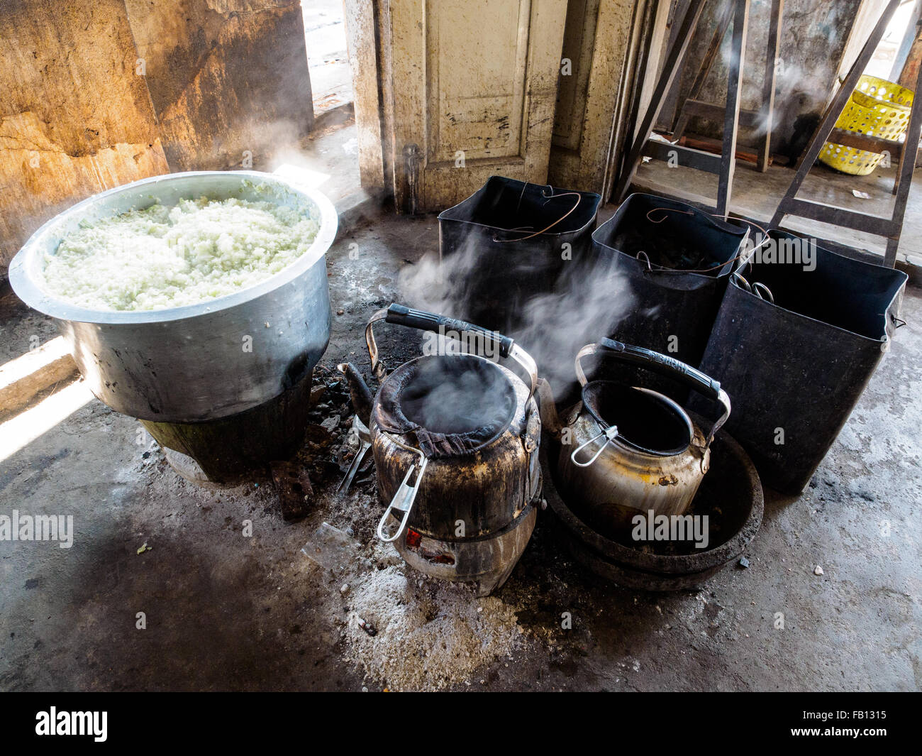 The kitchen of a local tea shop in Myitkyina Stock Photo