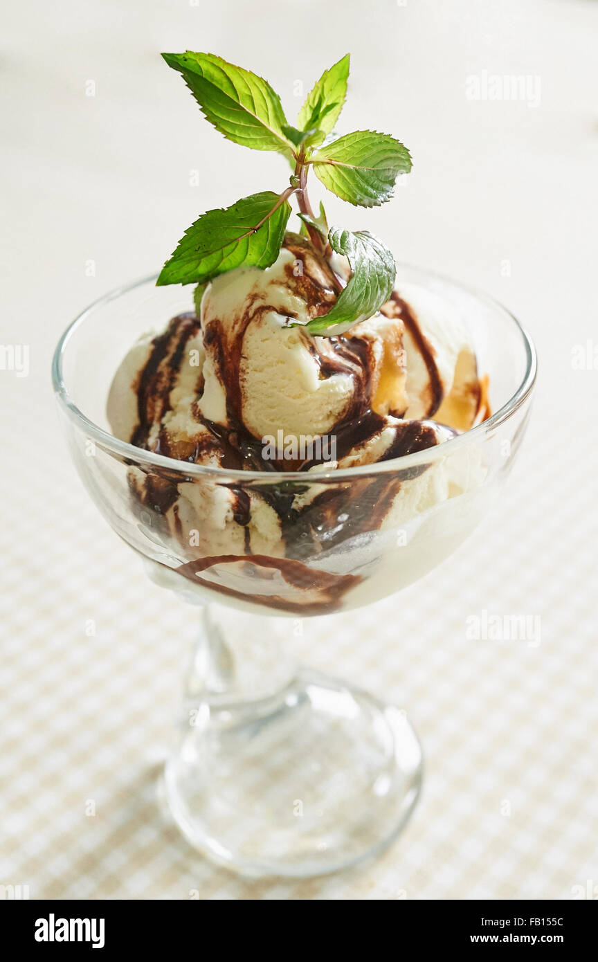 Ice cream Vanilla with Chocolate and Mint Leaf Stock Photo