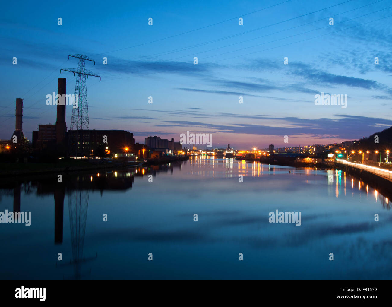 ESB power station and Cork City docks on the River Lee, Cork, Ireland, at night. Stock Photo