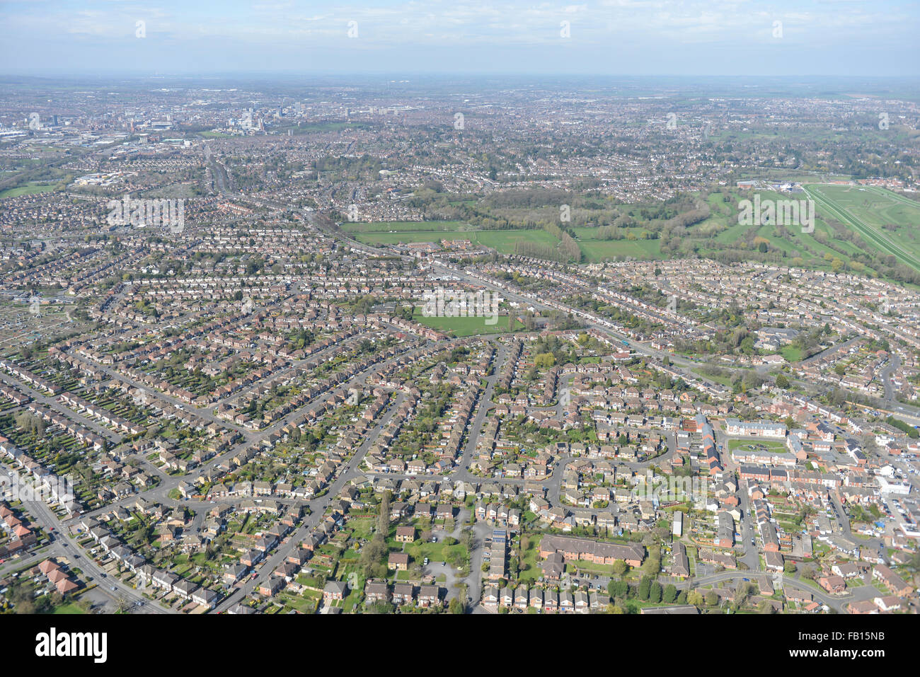 A wide aerial view of the Leicestershire towns of Oadby and Wigston