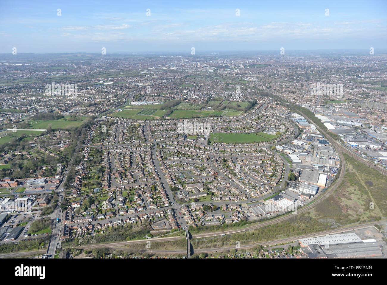 A wide aerial view of the Leicestershire towns of Oadby and Wigston