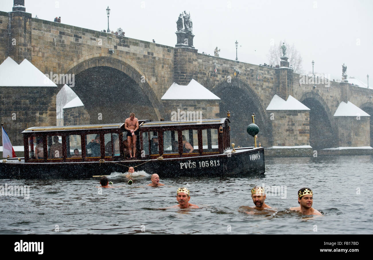Prague, Czech Republic. 06th Jan, 2016. Winter swimmers take part in