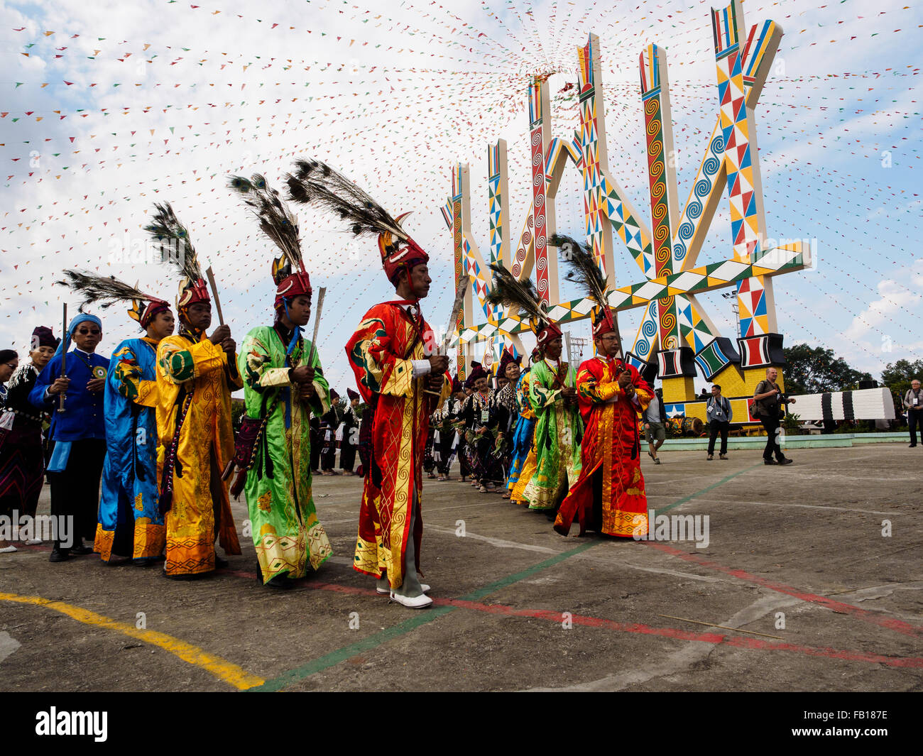 Manau Dance, traditional ceremony of Kachin people to celebrate Kachin National Day in Myitkyina, Myanmar Stock Photo
