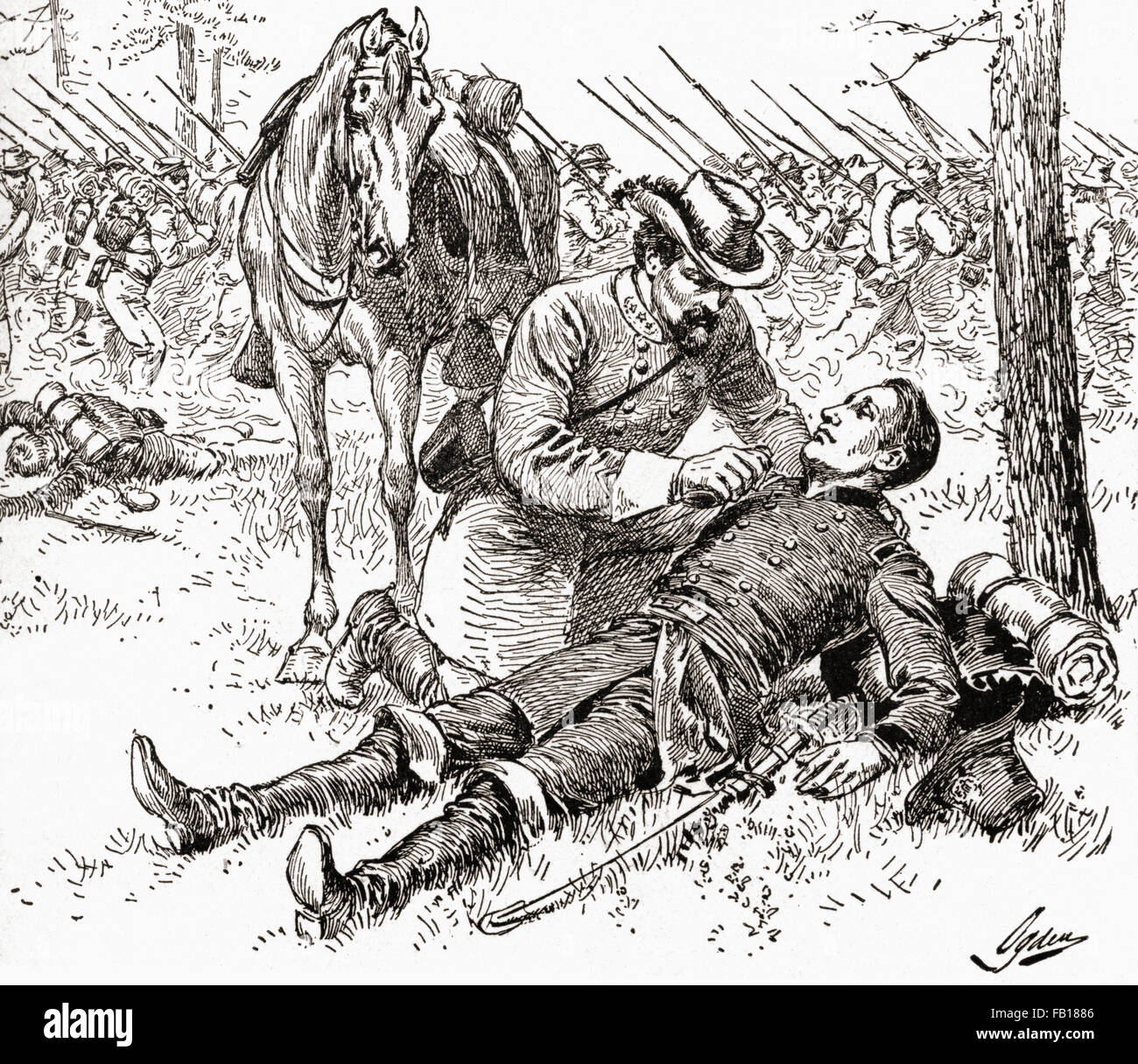 Confederate general John Brown Gordon (1832 –1904) assists wounded Union General Francis Channing Barlow (1834 –1896) on the battlefield on the first day of the Battle of Gettysburg during the American civil war. Stock Photo