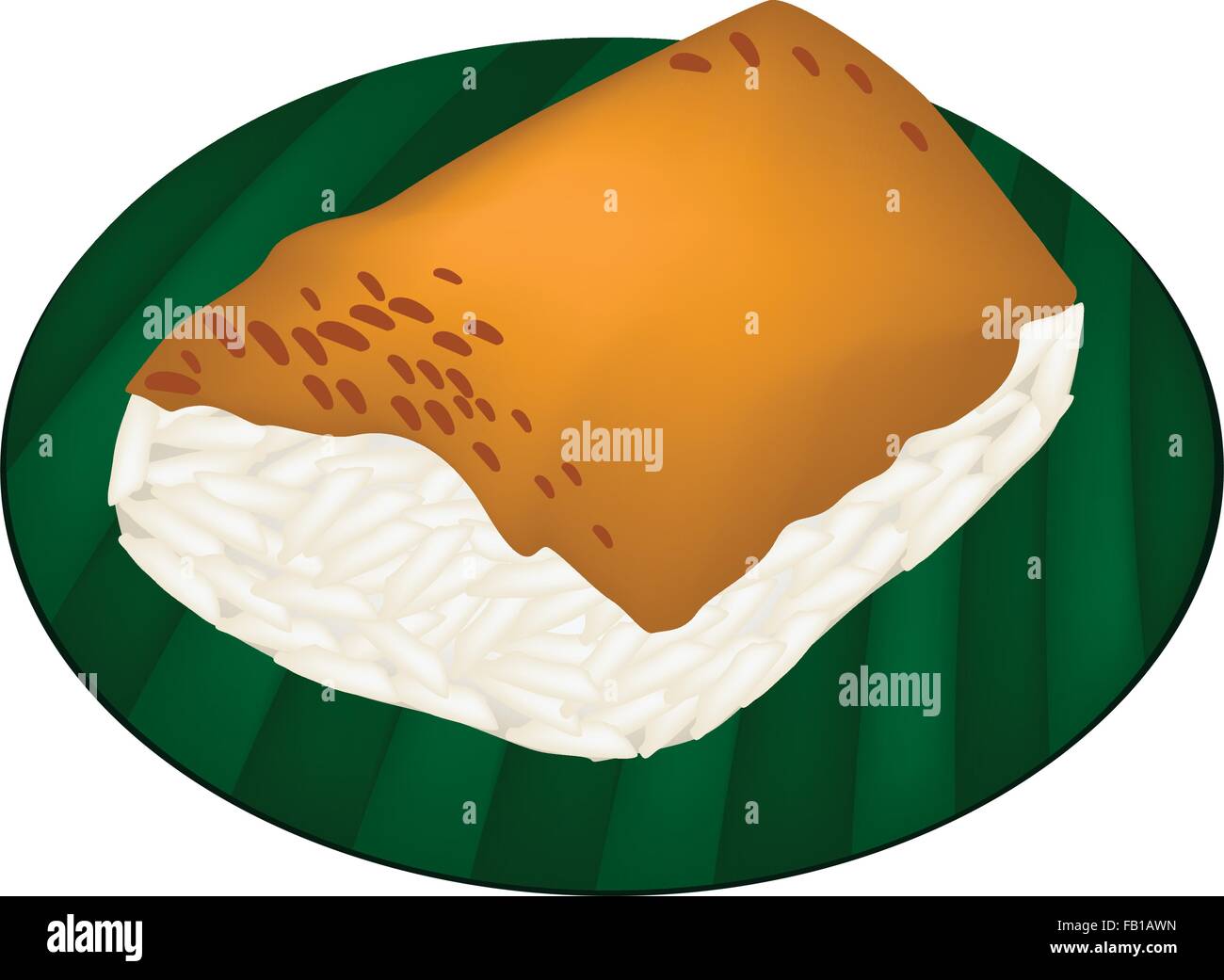 Thai Dessert, An Illustration of Sweet Sticky Rice Topped with Steamed Egg Custard on Green Banana Leaf. Stock Vector