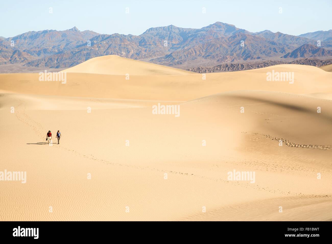 Two people walking across sand, Death Valley, California, USA Stock Photo