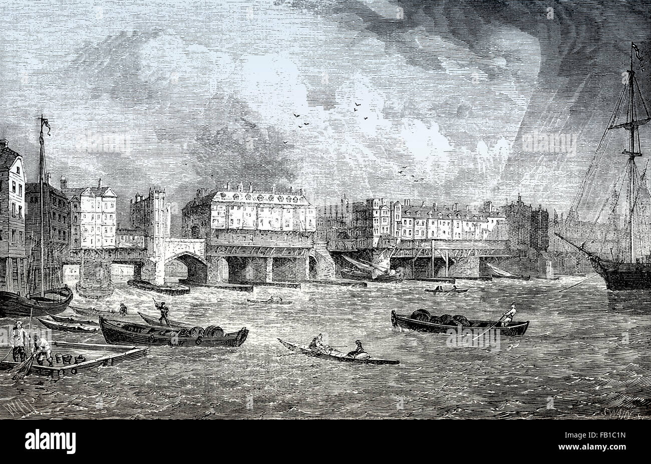 London, Old London Bridge in 1756, old view, taken shortly before the demolition of the houses Stock Photo
