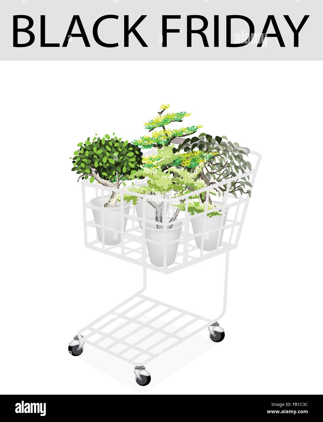 A Shopping Cart Full with Variety of Plants, Evergreens and Trees for