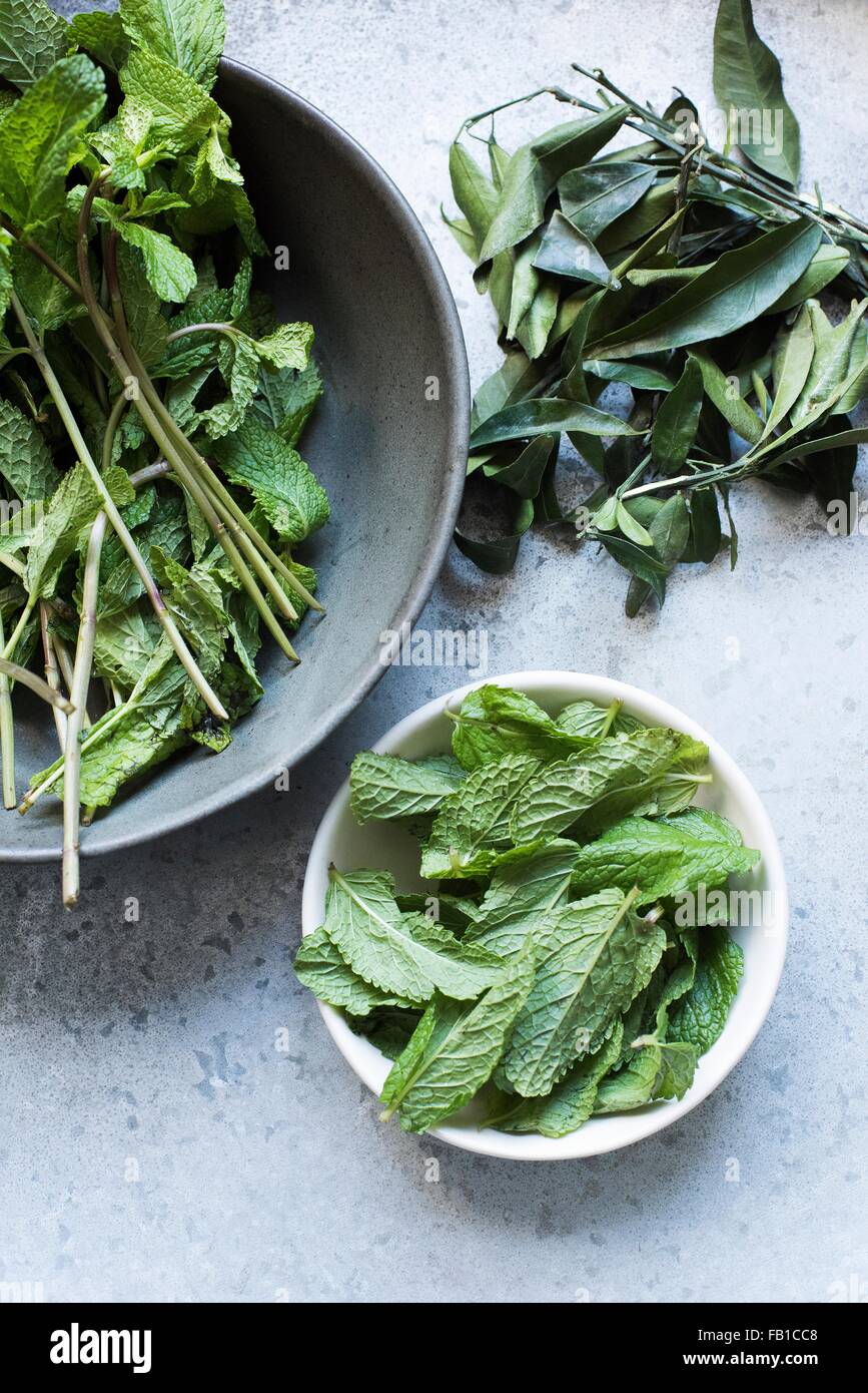Overhead view of mint leaves in bowls Stock Photo