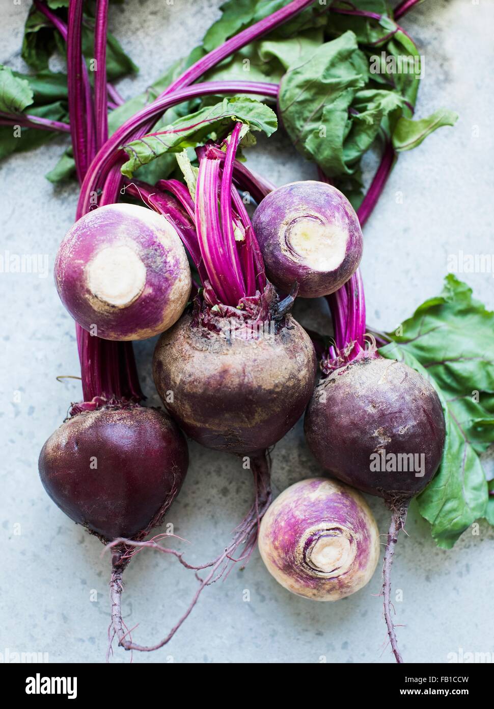 Overhead view of bunch of beetroots and turnips Stock Photo