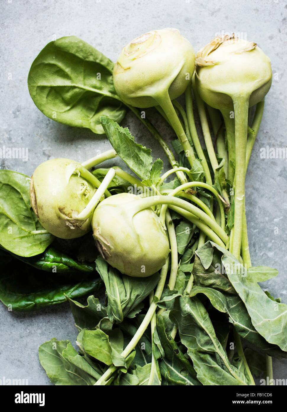 Overhead view of kohlrabi with leaves Stock Photo