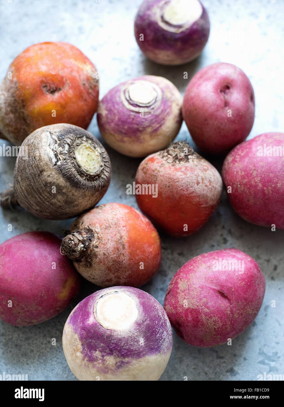 Overhead view of Autumn root vegetables Stock Photo