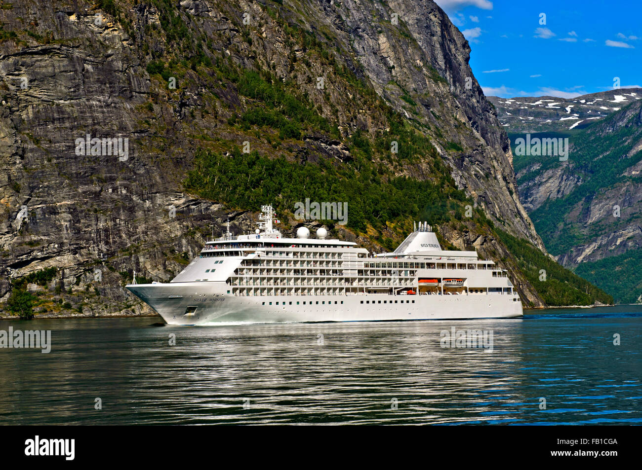 Cruise ship MS Sliver Whisper in Geirangerfjord in Geiranger, UNESCO World Heritage site, Norway Stock Photo
