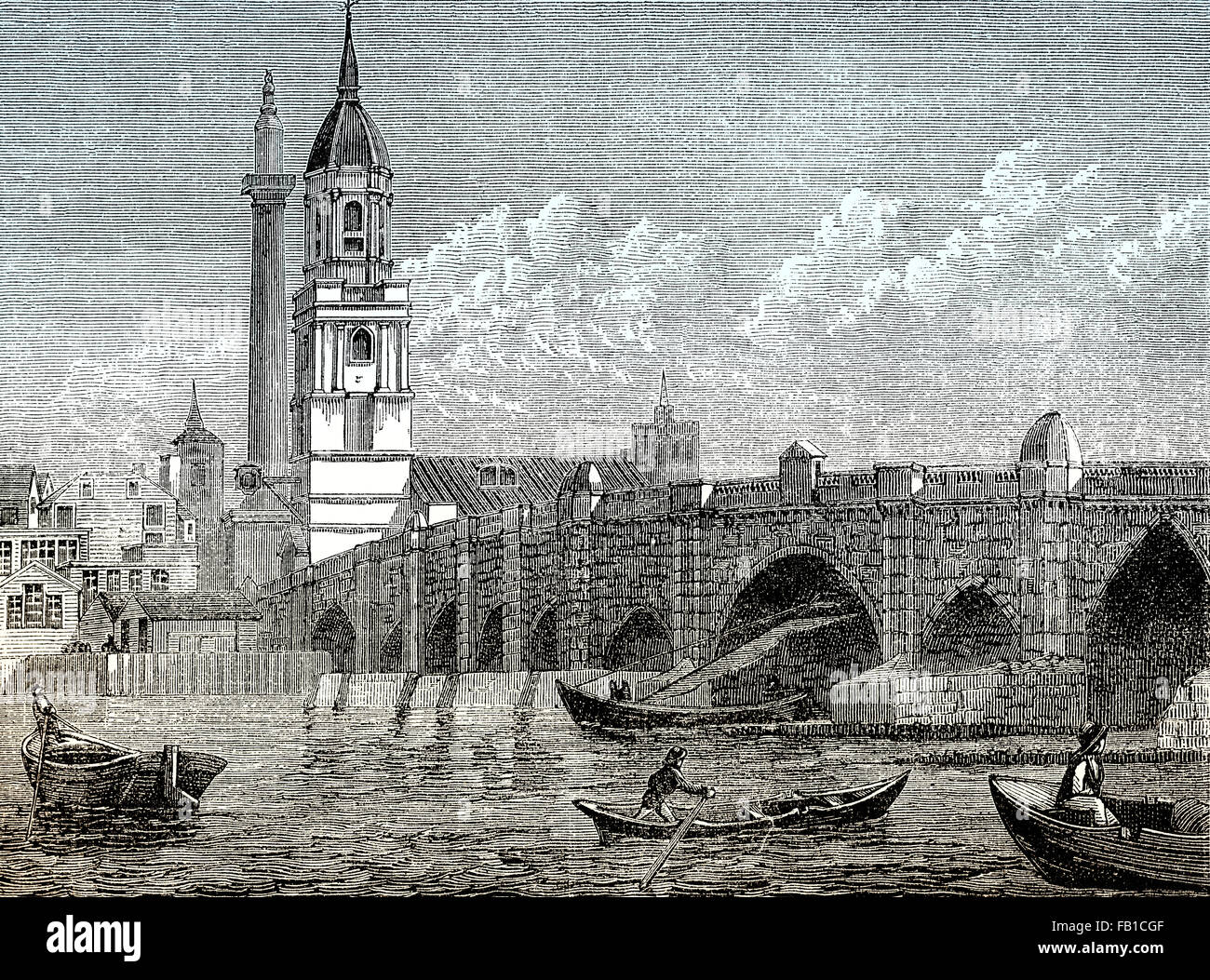 London, Old London Bridge in 1796 Stock Photo