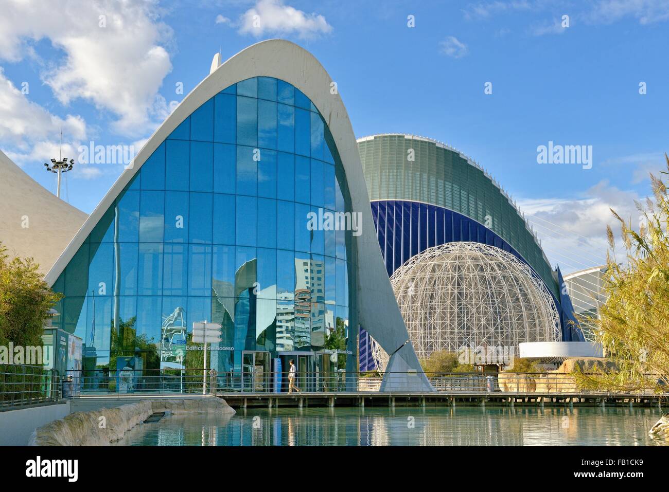 L’Oceanogràfic, marine center, entrance hall and spherical enclosure for waterfowl, Ciudad de las Artes y de las Ciencias Stock Photo