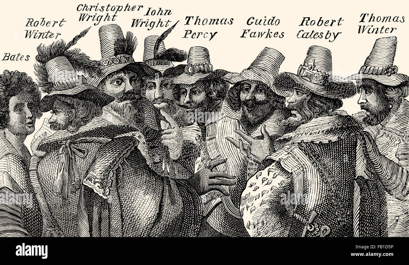 Eight of the thirteen conspirators, Guy Fawkes, Gunpowder Plot, 1605, London, England, Europe Stock Photo