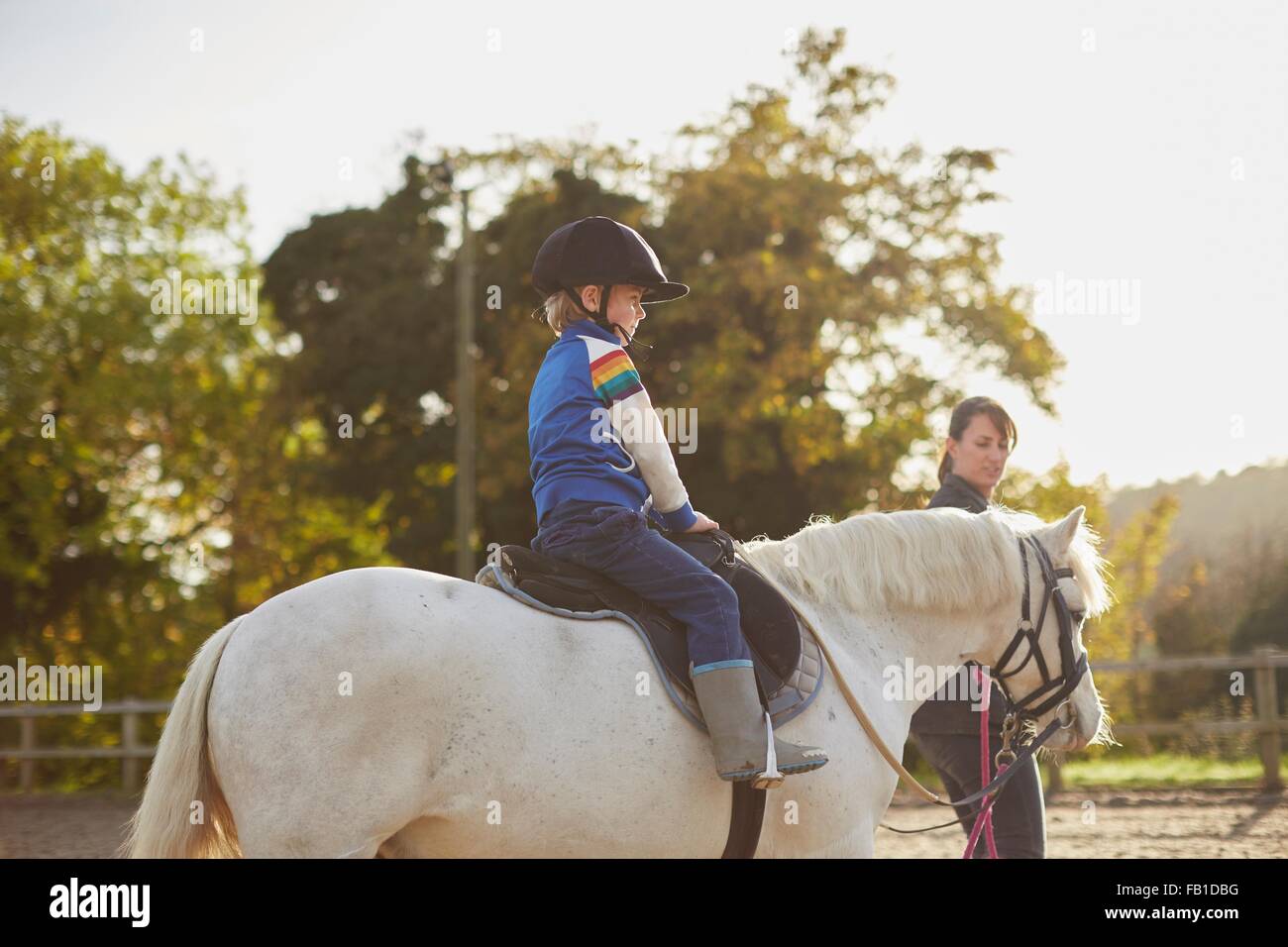 Instructor leading boy riding pony in equestrian arena Stock Photo