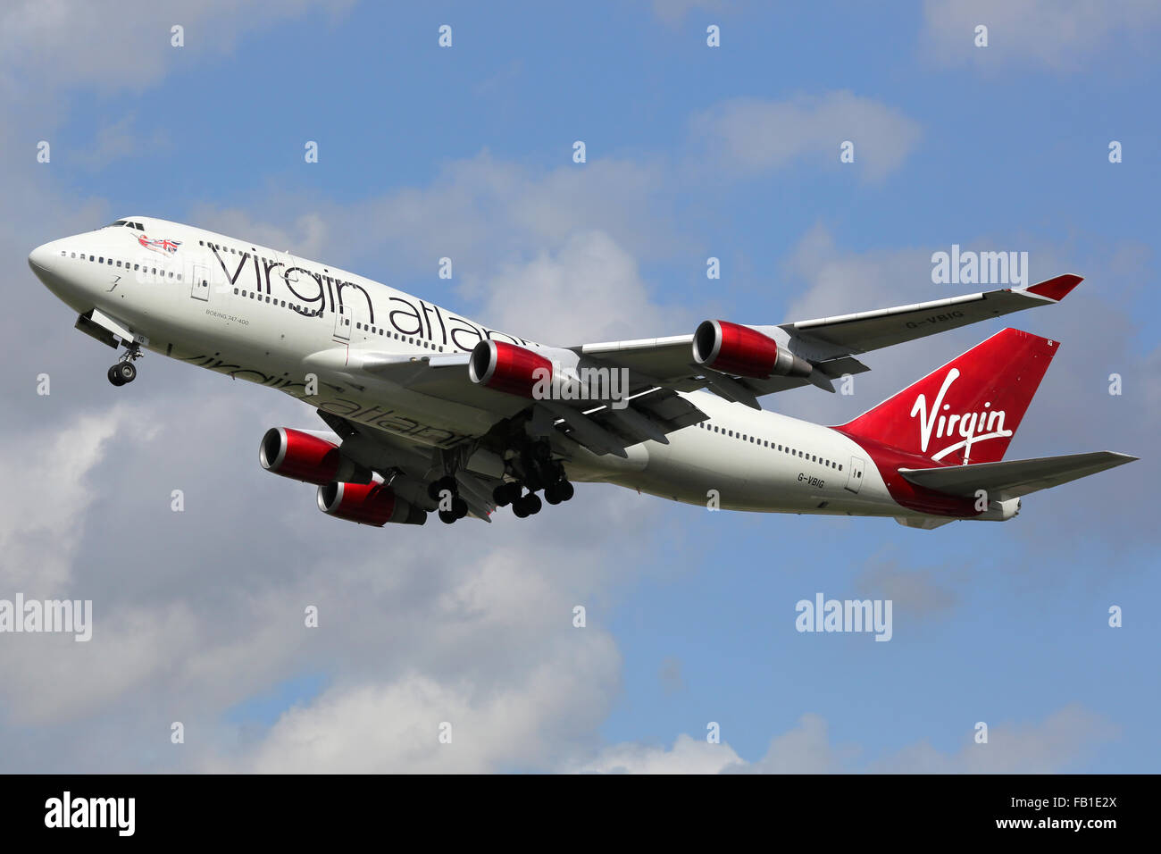 London Heathrow, United Kingdom - August 28, 2015: A Virgin Atlantic Boeing 747-400 with the registration G-VBIG taking off from Stock Photo