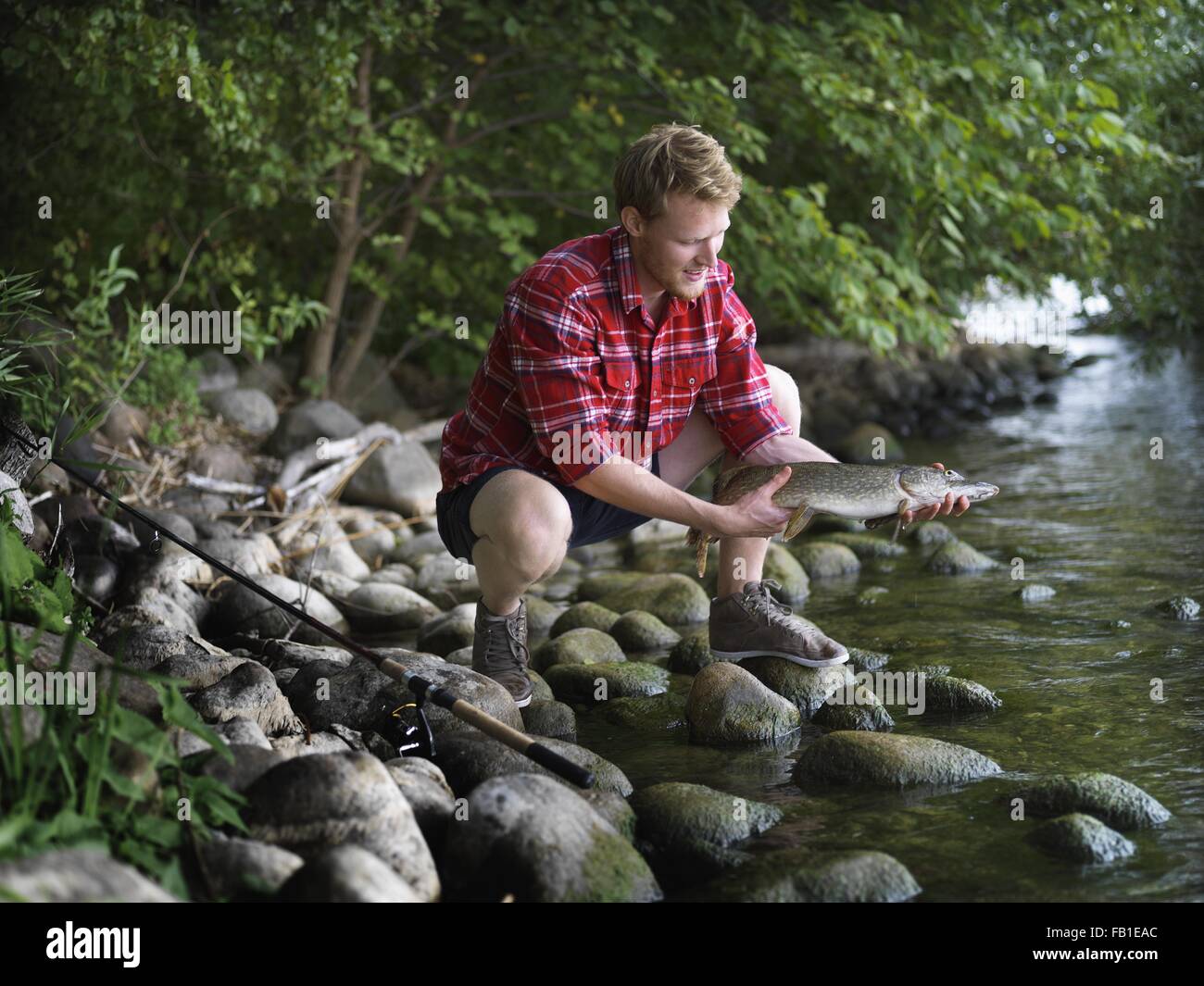 Young fisherman crouching on riverbank holding fish, Copenhagen, Denmark Stock Photo
