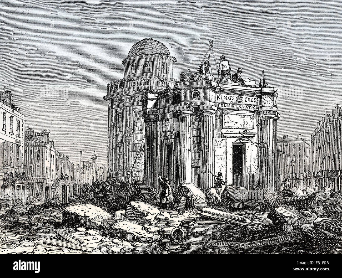 Demolition of the monument to King George IV, 1845, King's Cross, an inner city area of London, England Stock Photo