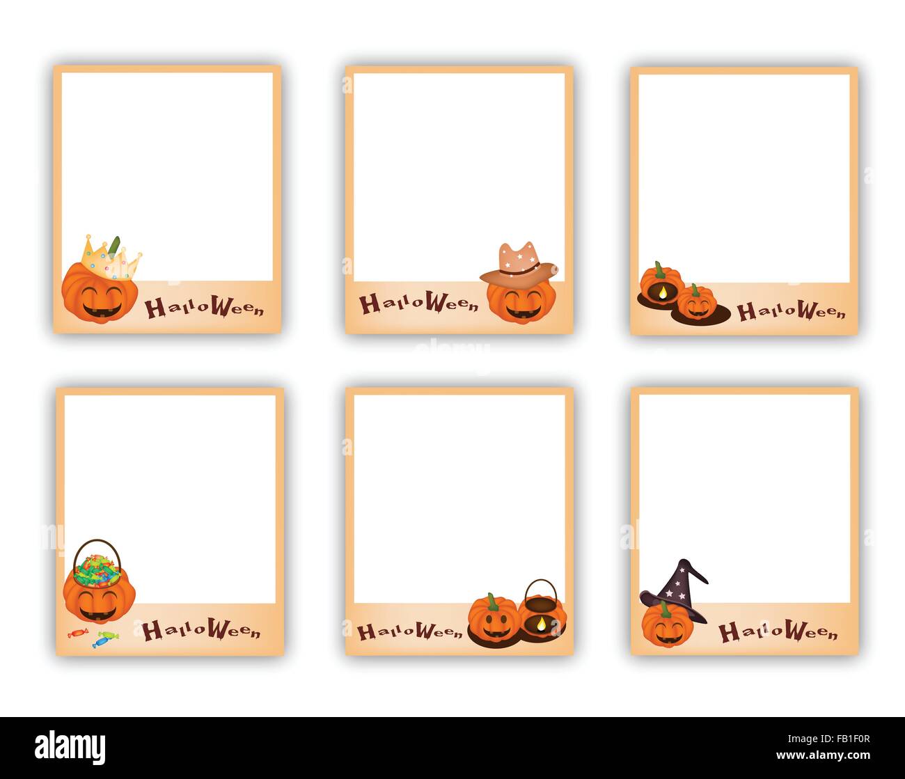 Collection of Six Blank Instant Photo Prints or Instant Camera with Halloween Evil and Halloween Item, Sign for Halloween Celebr Stock Vector