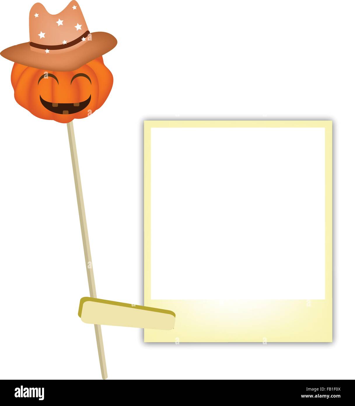 Illustration of A Happy Jack-o-Lantern Pumpkin Wearing A Brown Cowboy Hat with Blank Instant Photo Prints, For Halloween Celebra Stock Vector