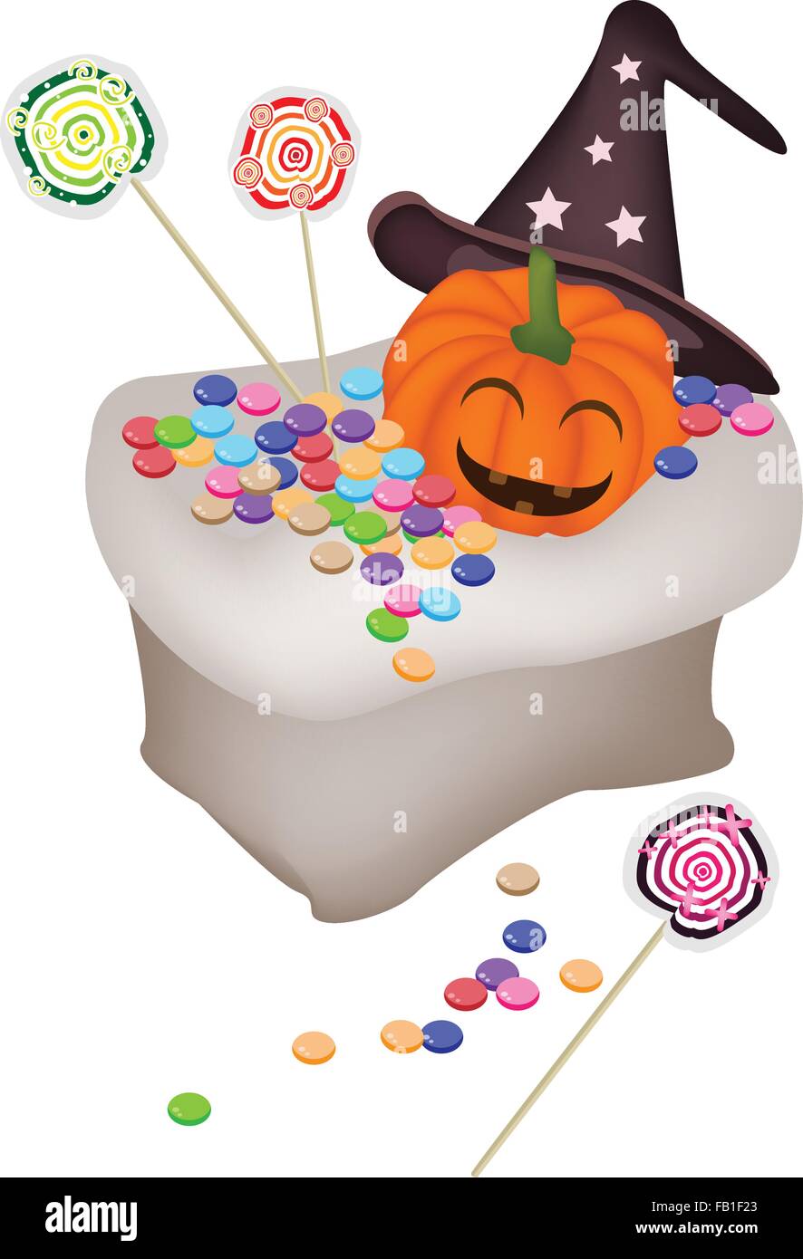Jack-o-Lantern Pumpkins Wearing Witch Hat with Lollipops and Candies in ...