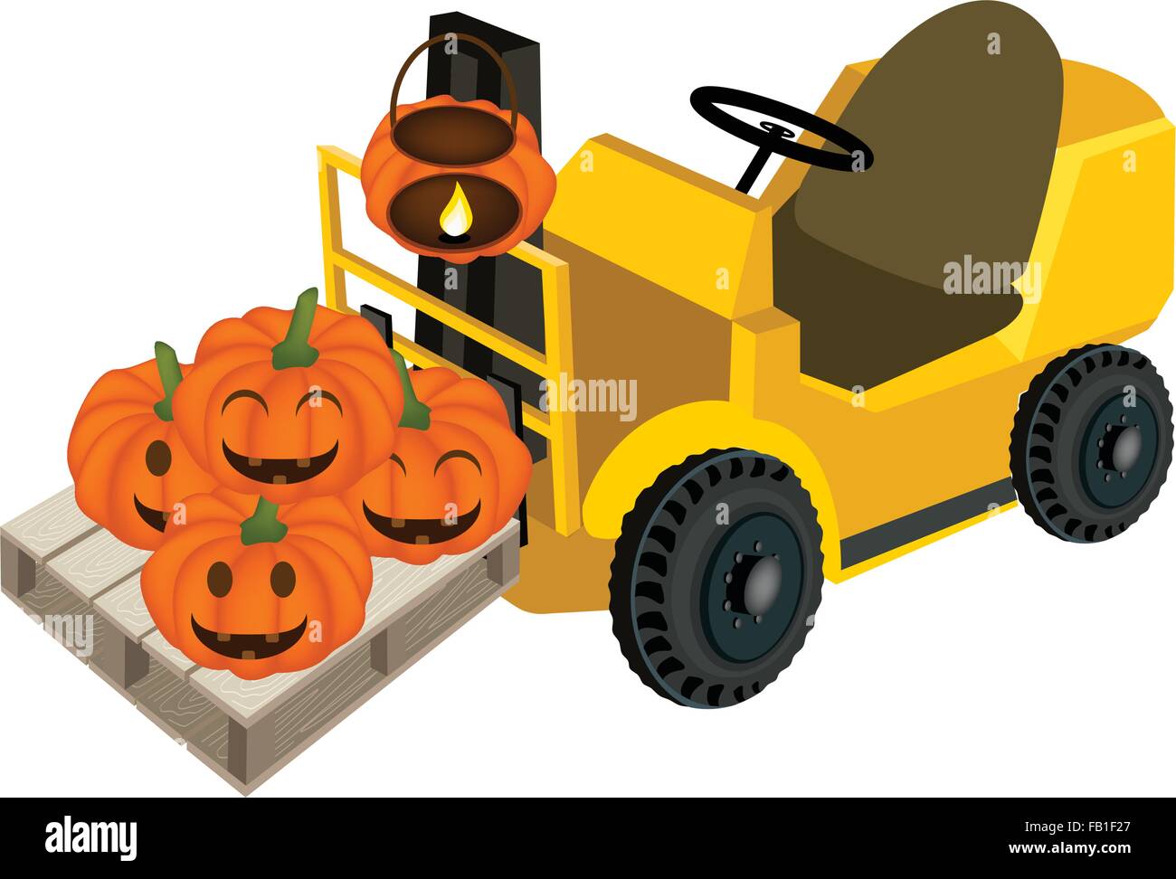 Powered Industrial Forklift, Fork Heavy Machine, Fork Truck or Lift Truck Loading Stack of Happy Jack-o-Lantern Pumpkins in Shop Stock Vector