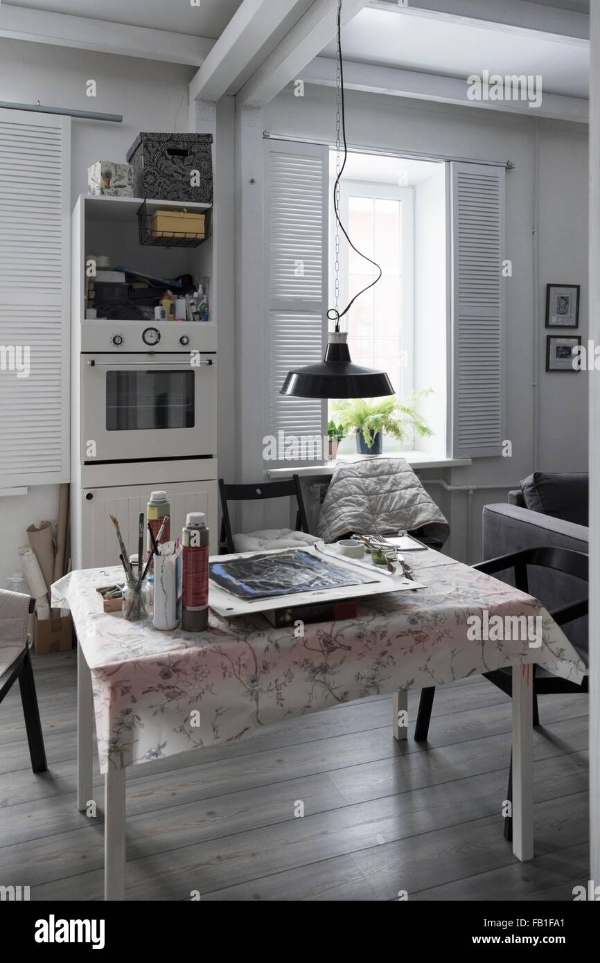 Room interior, artist materials on table Stock Photo Alamy