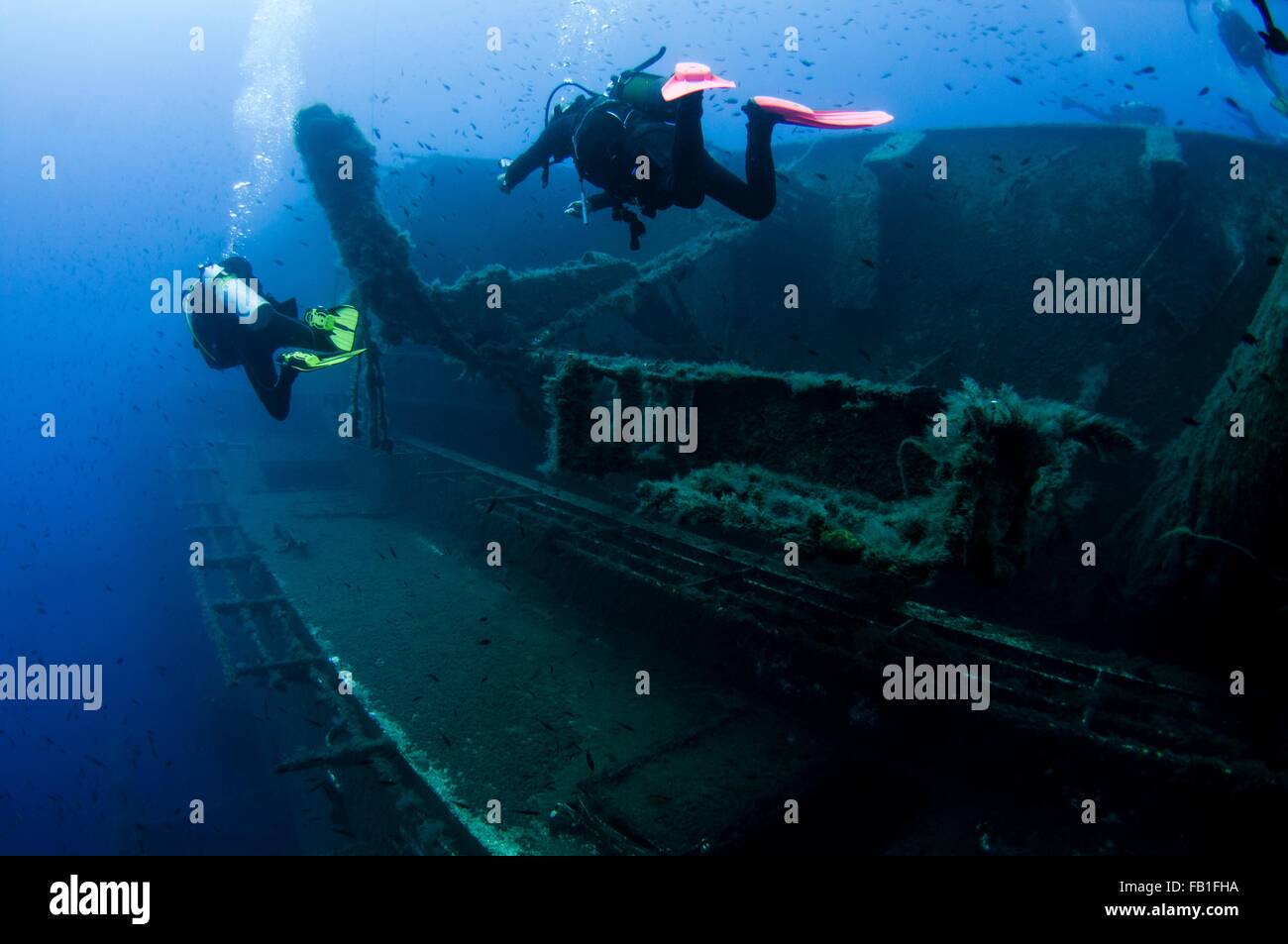 Underwater rear view of divers investigating MS Zenobia shipwreck, Larnaca, Cyprus Stock Photo