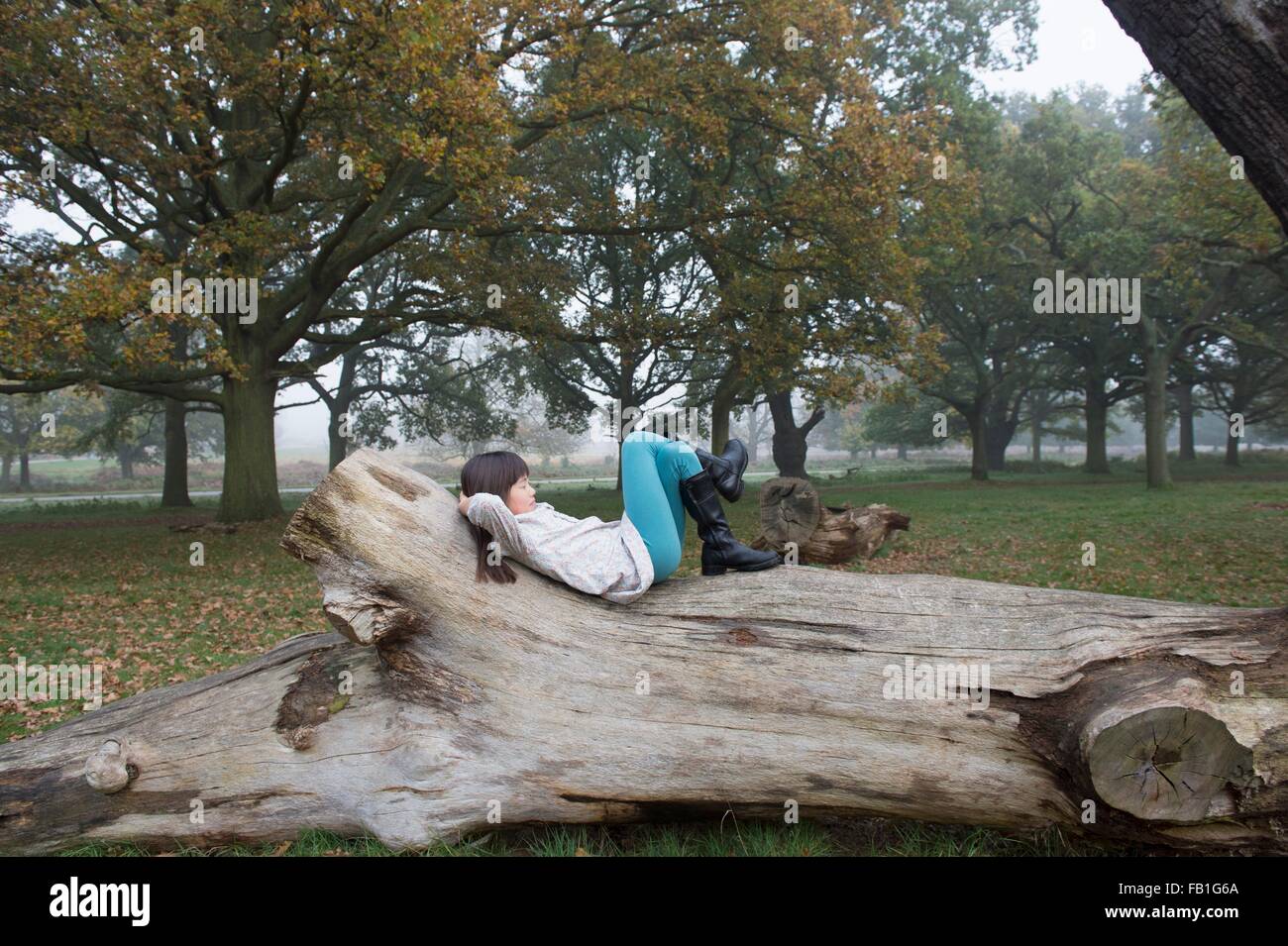 Young girl relaxing on tree stump in forest Stock Photo