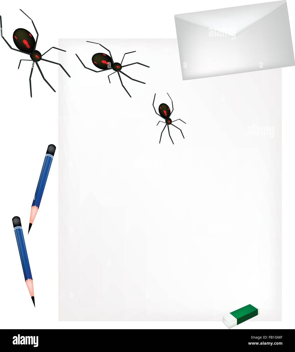 A Sharpened Pencil and Eraser Lying on Blank Paper with A Letter and Black Terrible Halloween Spiders, Sign For Halloween Celebr Stock Vector