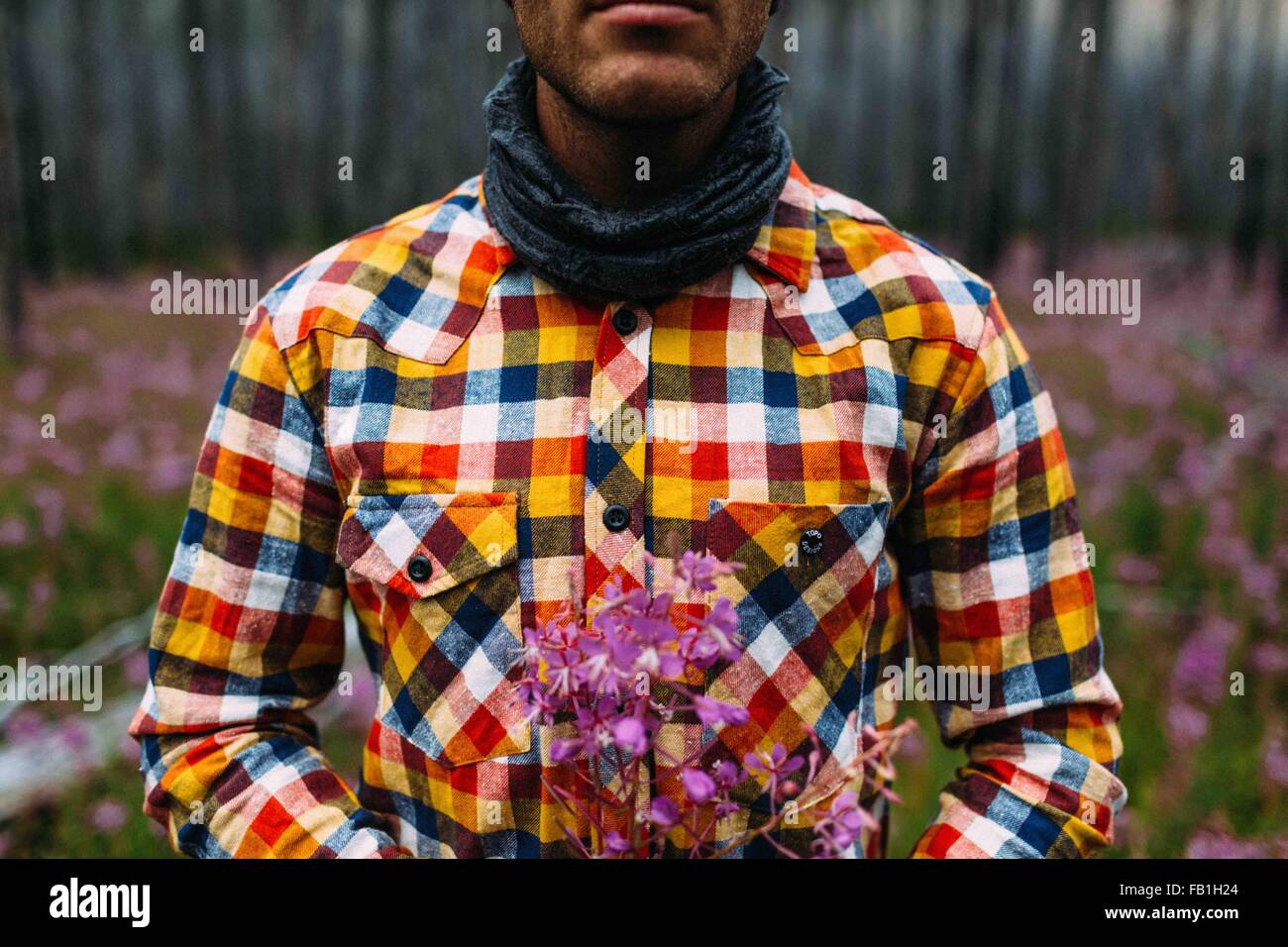 Cropped view of mid adult man wearing checked shirt holding wildflowers, Moraine lake, Banff National Park, Alberta Canada Stock Photo