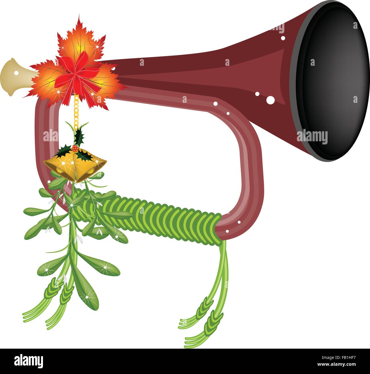 Antique Brass Bugle Decorated with Mistletoe Bunch, Red Ribbon, Maple Leaves and Golden Bell For Christmas Celebration Stock Vector