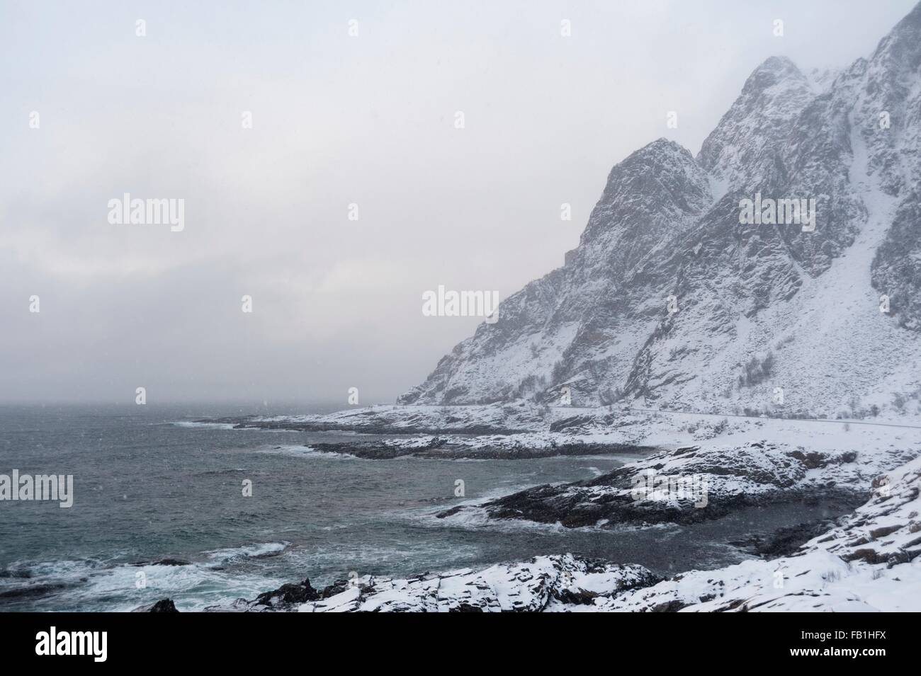 Snow storm at coast, Lofoten and Vesteralen Islands, Norway Stock Photo