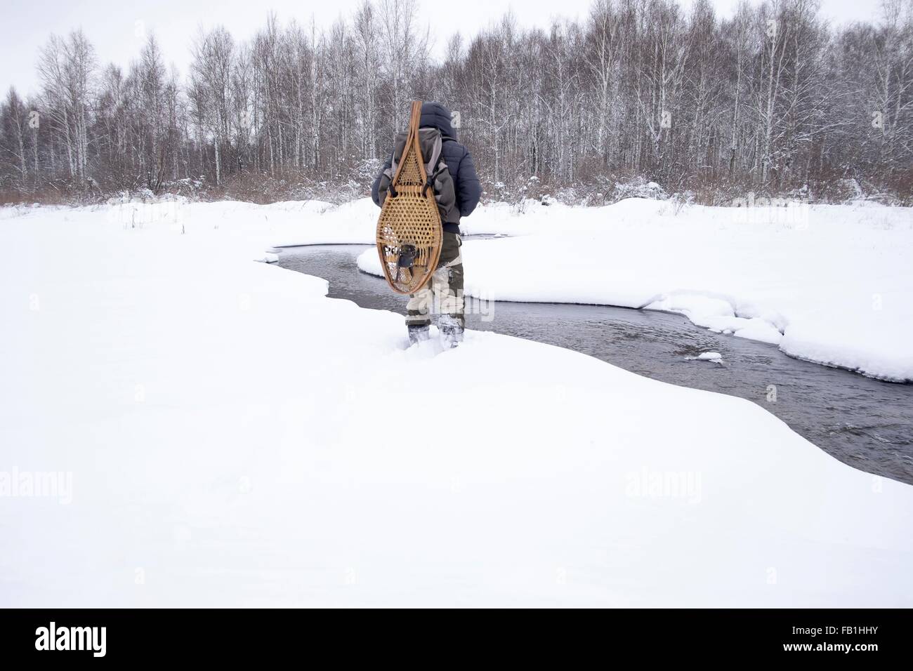 Rear view of mid adult man in snow covered field by river carrying traditional snowshoes, Ural, Russia Stock Photo