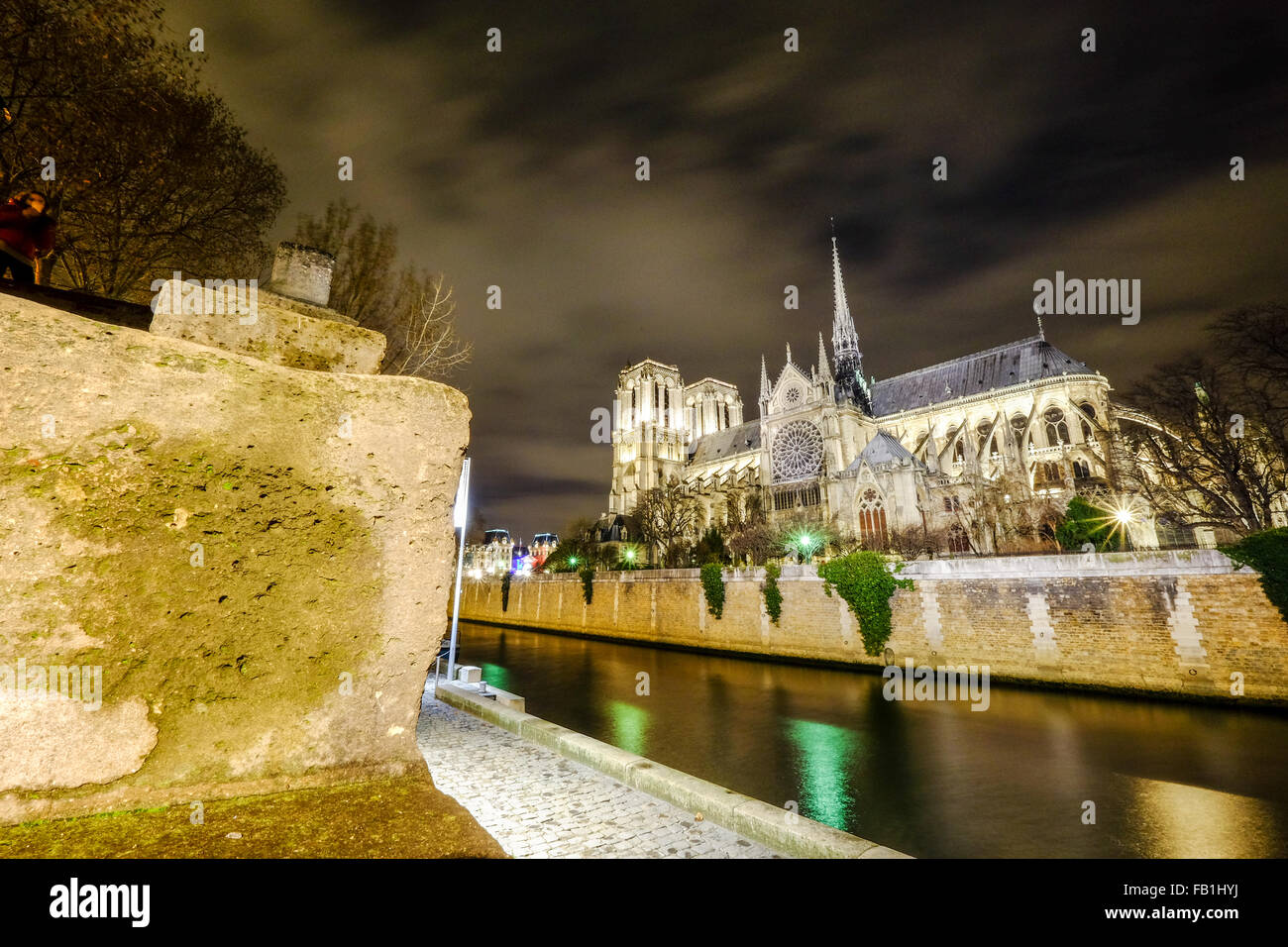 A night photograph of the serene Cathedral Notre Dame. Stock Photo