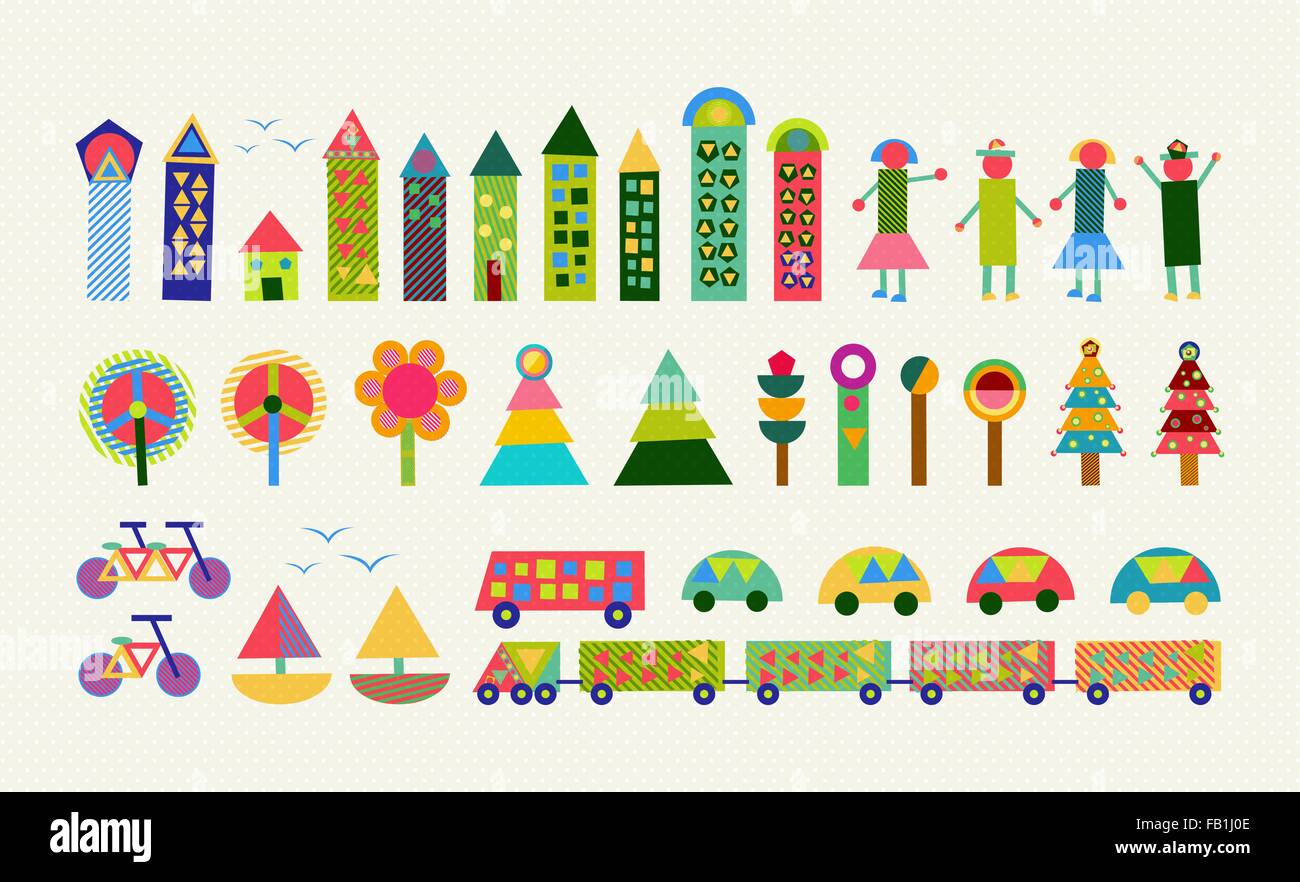 Set of happy colorful geometry city elements. Includes house, people, nature, environment and transport shapes. EPS10 vector. Stock Vector