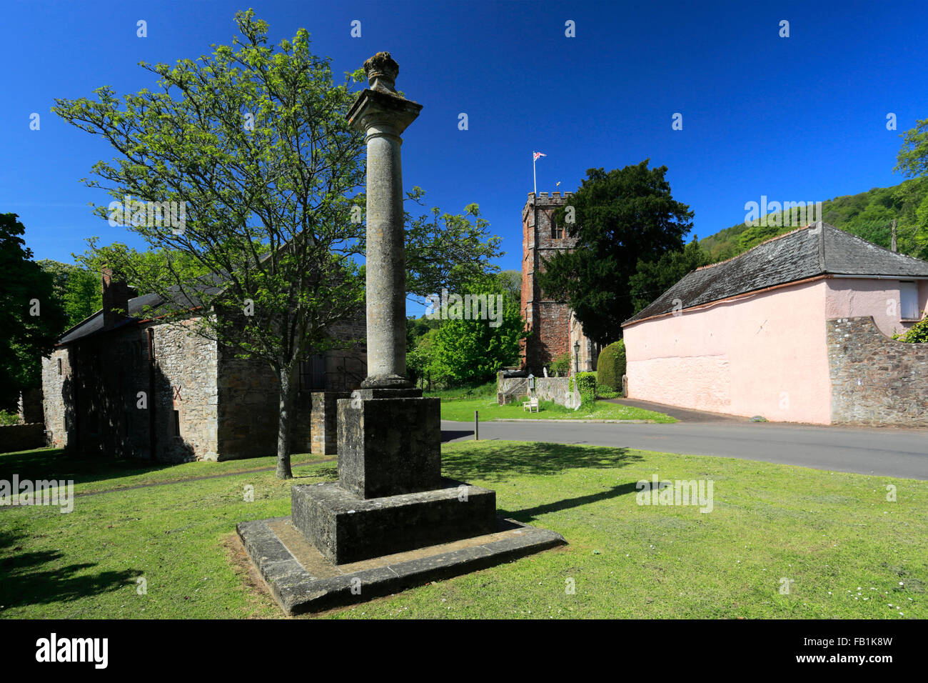Summer, Crowcombe village green and war memorial, Somerset, England, United Kingdom Stock Photo