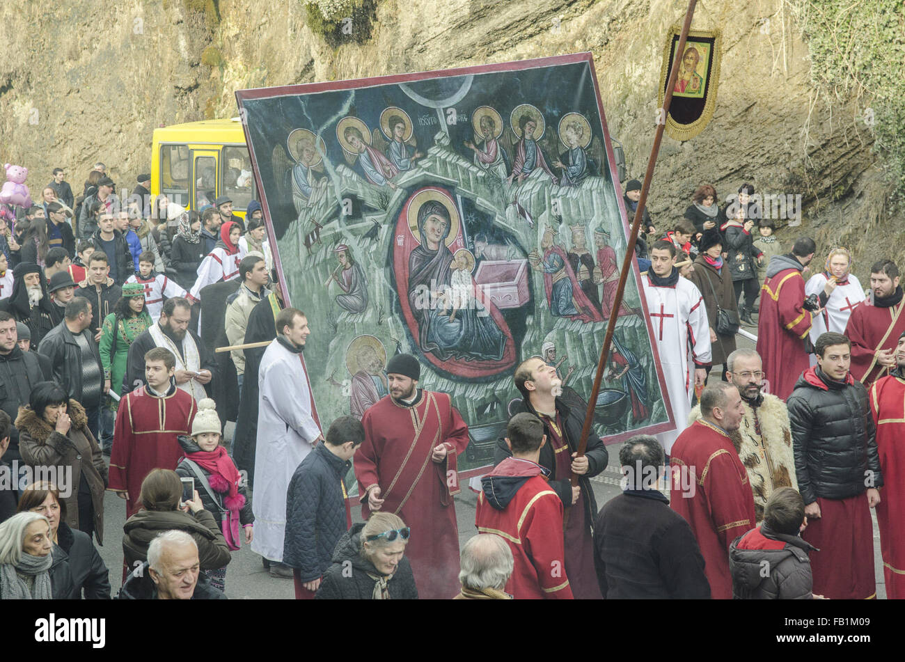 Tbilisi, Georgia. 7th Jan, 2016. Georgian people march during Alilo, a  religious procession, to celebrate the Orthodox Christmas in Tbilisi,  capital of Georgia, on Jan. 7, 2016. Georgians celebrate Christmas on Jan.