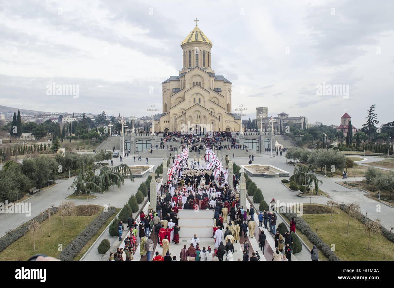 Tbilisi, Georgia. 7th Jan, 2016. Georgian people march during Alilo, a  religious procession, to celebrate the Orthodox Christmas in Tbilisi,  capital of Georgia, on Jan. 7, 2016. Georgians celebrate Christmas on Jan.
