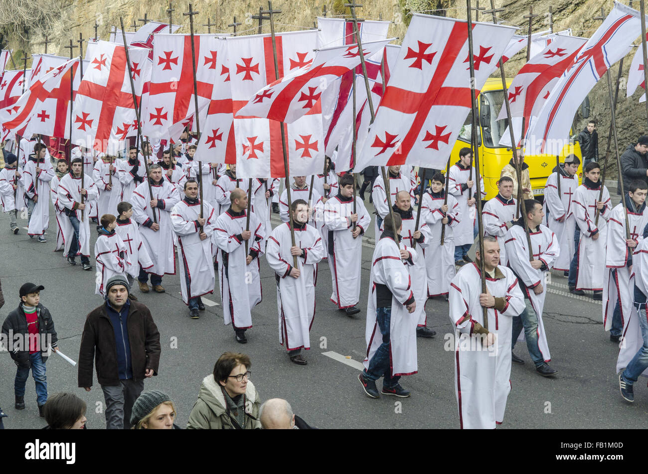 Tbilisi, Georgia. 7th Jan, 2016. Georgian people march during Alilo, a  religious procession, to celebrate the Orthodox Christmas in Tbilisi,  capital of Georgia, on Jan. 7, 2016. Georgians celebrate Christmas on Jan.