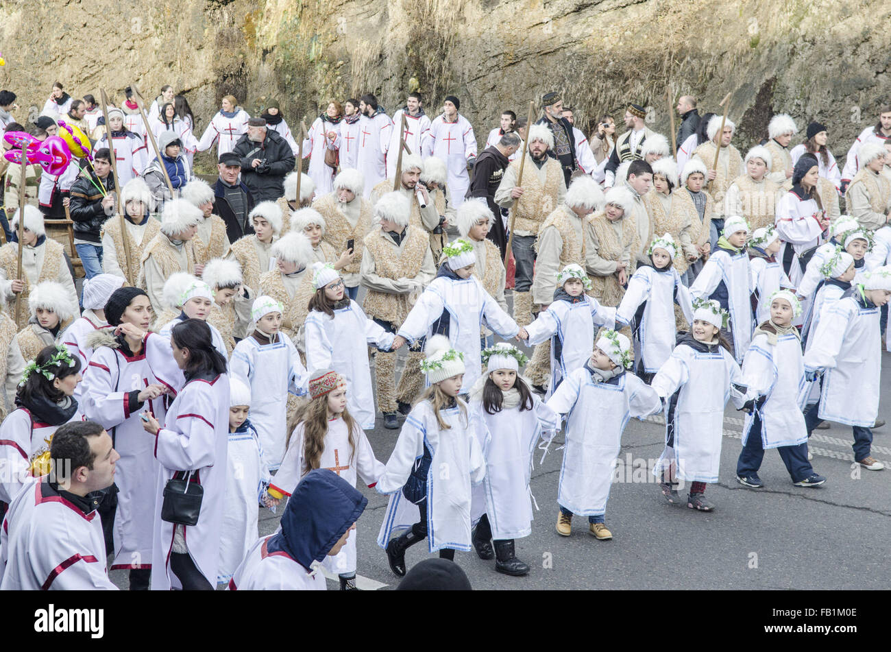 Tbilisi, Georgia. 7th Jan, 2016. Georgian people march during Alilo, a  religious procession, to celebrate the Orthodox Christmas in Tbilisi,  capital of Georgia, on Jan. 7, 2016. Georgians celebrate Christmas on Jan.