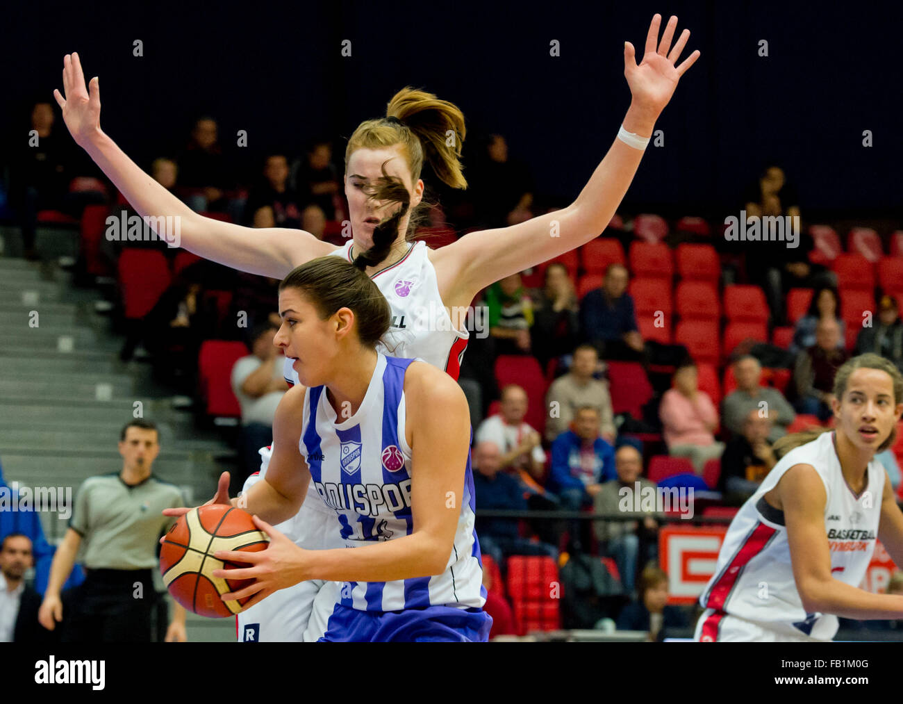Tijana Krivacevic (front) of Orduspor and Egle Siksniute of Nymburk during the Eurocup basketball match Nymburk vs Orduspor in Nymburk, Czech Republic, January 7, 2016. (CTK Photo/Vit Simanek) Stock Photo