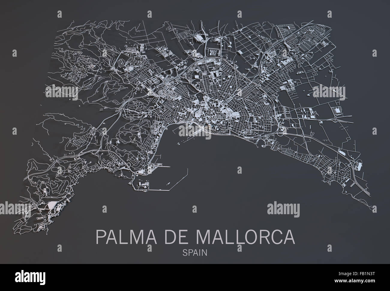 Palma de Mallorca, satellite view, map, Balearic, Spain Stock Photo