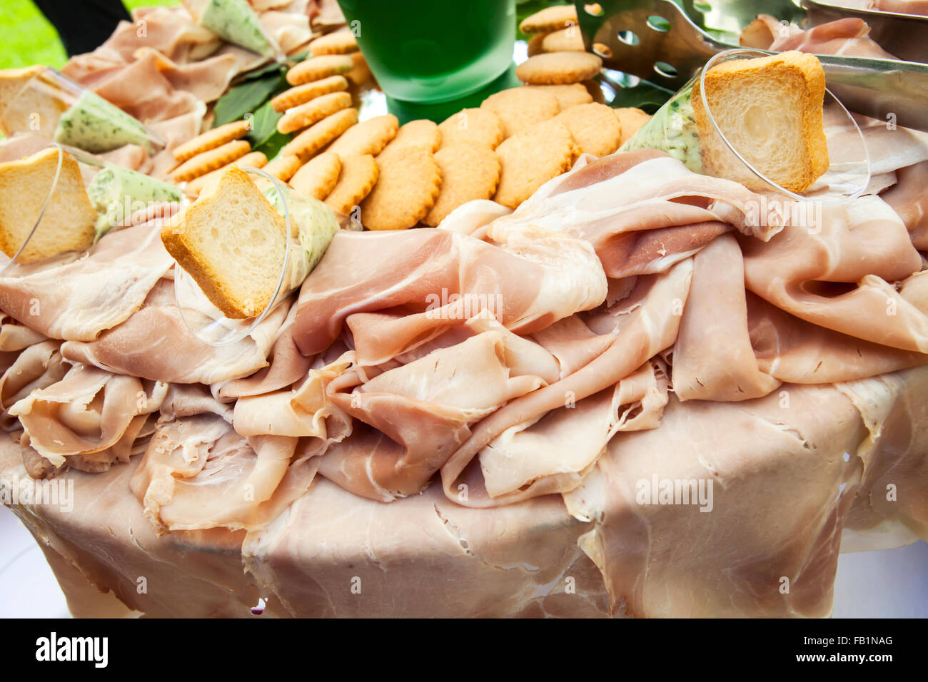 Appetizer of ham for a wedding. Stock Photo